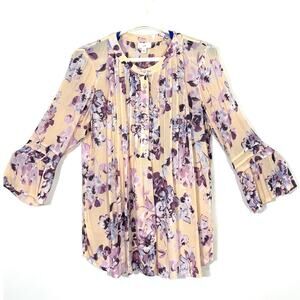J JILL PEACH PURPLE FLOWERS PINTUCKED CRINKLE TUNIC SIZE MEDIUM